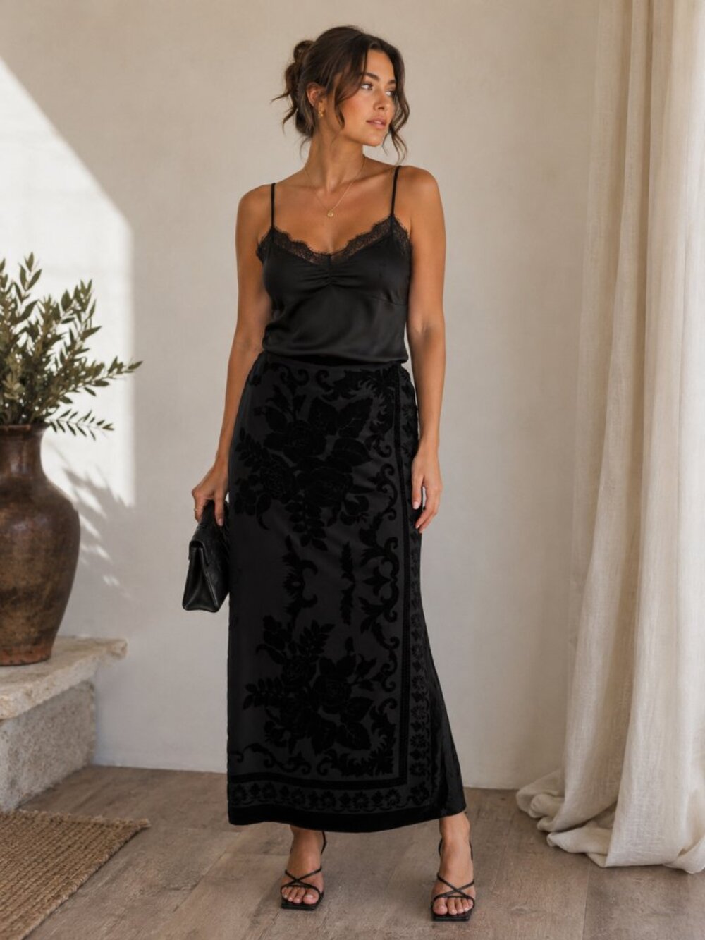 Vintage‎ Liz Claiborne Black Velvet Burnout Maxi Skirt Dark Romantic 90s Goth
